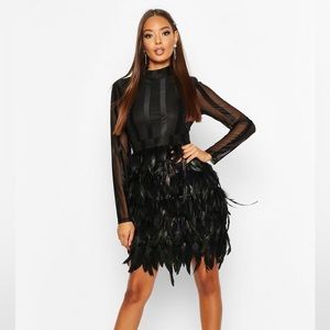 NWT BOOHOO Highneck Feather Skirt Mini Dress